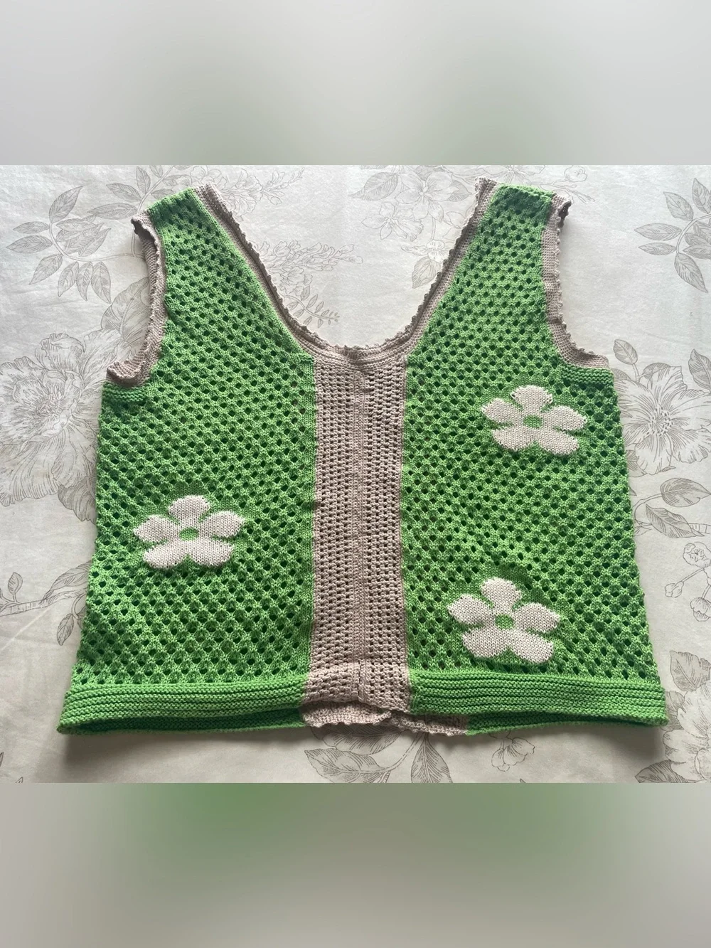 Handmade Green Floral Crochet Button Sleeveless Top Small 6 Cottagecore Boho